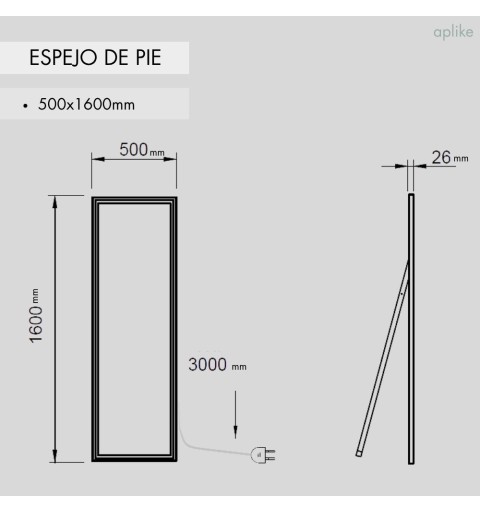 Espejo de pie con luz LED frontal modelo París 160x50cm