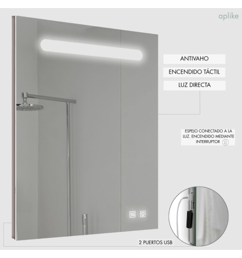 Espejo LED para baño con antivaho, 2puertos usb y 2 sensores táctiles