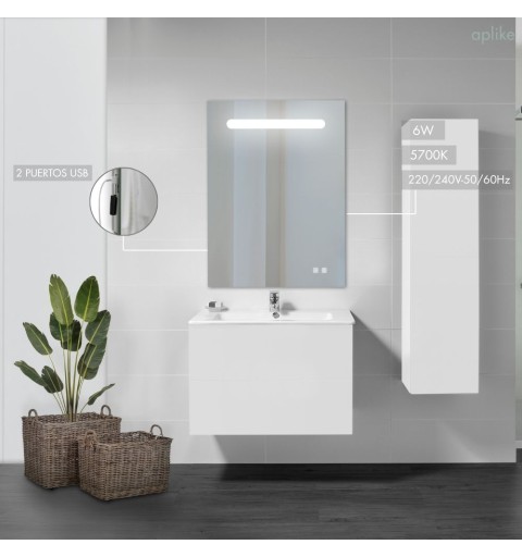 Espejo LED para baño con antivaho, 2puertos usb y 2 sensores táctiles