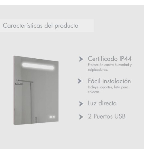 Espejo LED para baño con antivaho, 2puertos usb y 2 sensores táctiles