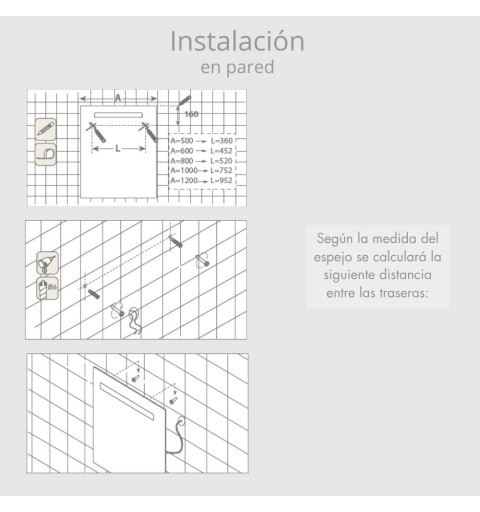 Espejo LED para baño con antivaho, 2puertos usb y 2 sensores táctiles