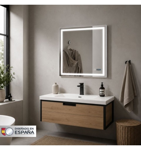Espejo baño con luz LED de 28.5W, 5700K, sensor táctil y reloj digital