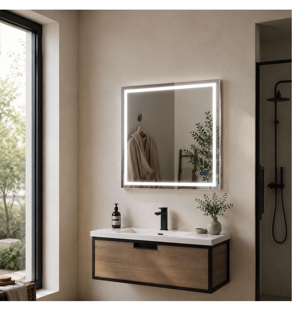 Espejo baño con luz LED de 28.5W, 5700K, sensor táctil y reloj digital