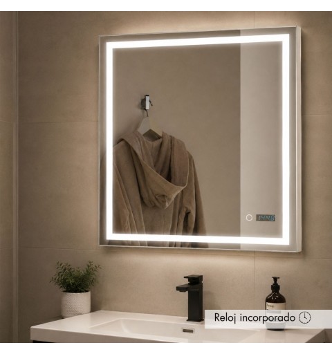 Espejo baño con luz LED de 28.5W, 5700K, sensor táctil y reloj digital