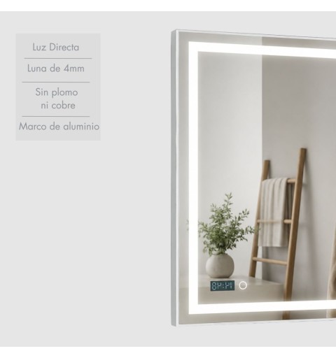 Espejo baño con luz LED de 28.5W, 5700K, sensor táctil y reloj digital