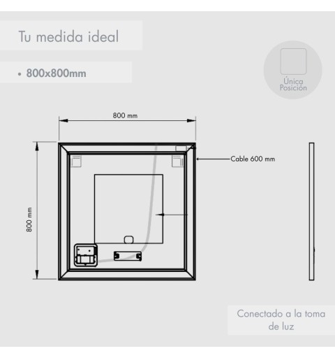 Espejo baño con luz LED de 28.5W, 5700K, sensor táctil y reloj digital