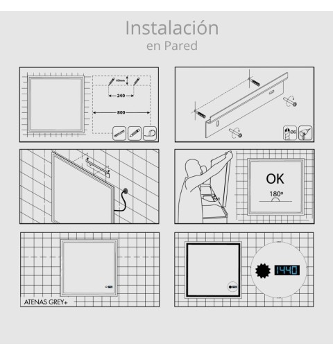 Espejo baño con luz LED de 28.5W, 5700K, sensor táctil y reloj digital