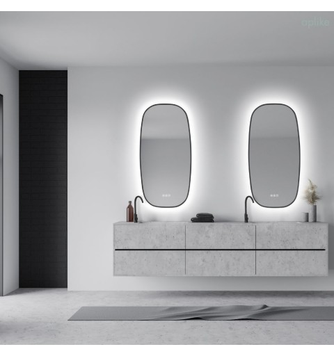 Espejo orgánico con marco negro, antivaho e intensidad y temperatura de luz regulable 45x90 cm VERONA