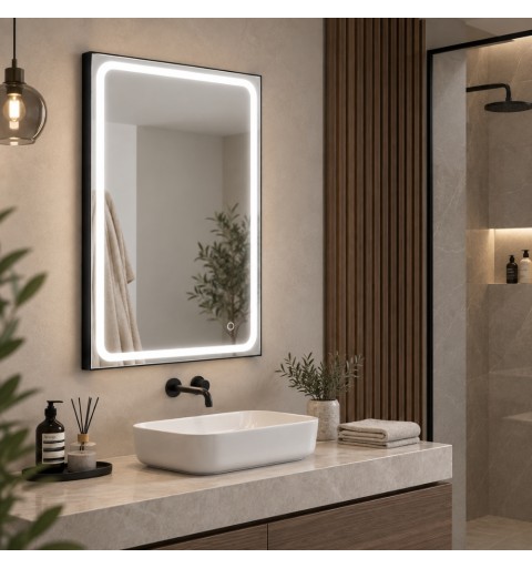 Espejo baño marco negro rectangular LED | Aplike