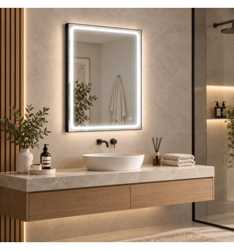 Espejo baño marco negro rectangular LED | Aplike