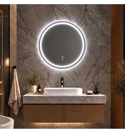 Espejo redondo con iluminación LED blanca instalado en baño moderno, modelo Mia Round Av 60cm